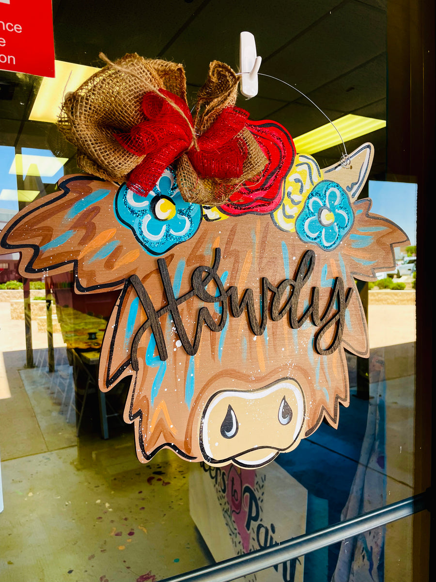 Highland Cow Hand Painted Wood Door Hanger Cheers to Paint Studio